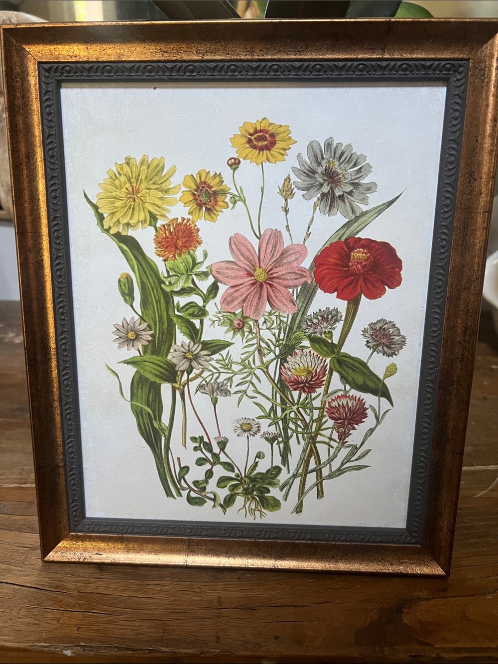 Vintage Style Boho Wildflower Gold Antiqued Frame Art